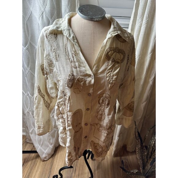 Chicos Womens 2 linen Embroidered Tribal Masks Linen 3/4 Sleeve Button-Up Shirt - Picture 1 of 15